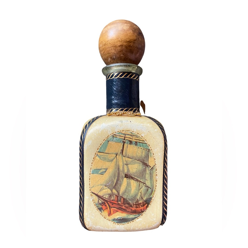 Vintage Italian Leather Wrapped‎ Glass Nautical Theme Decanter w/Wooden Stopper